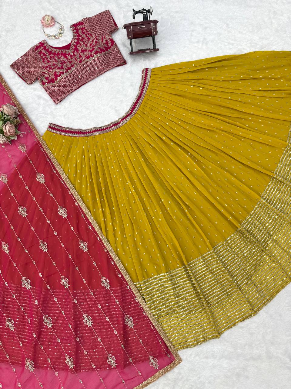 Vibrant Sunshine Yellow and Fuchsia Pink Designer Lehenga Choli with Dazzling Shimmer Embellishments